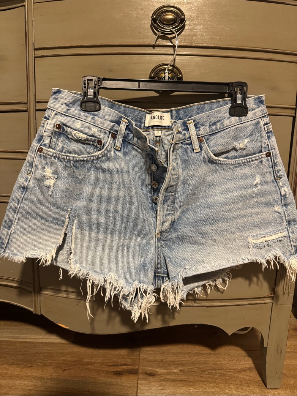 Agolde Light Blue Frayed High-Rise Denim Shorts